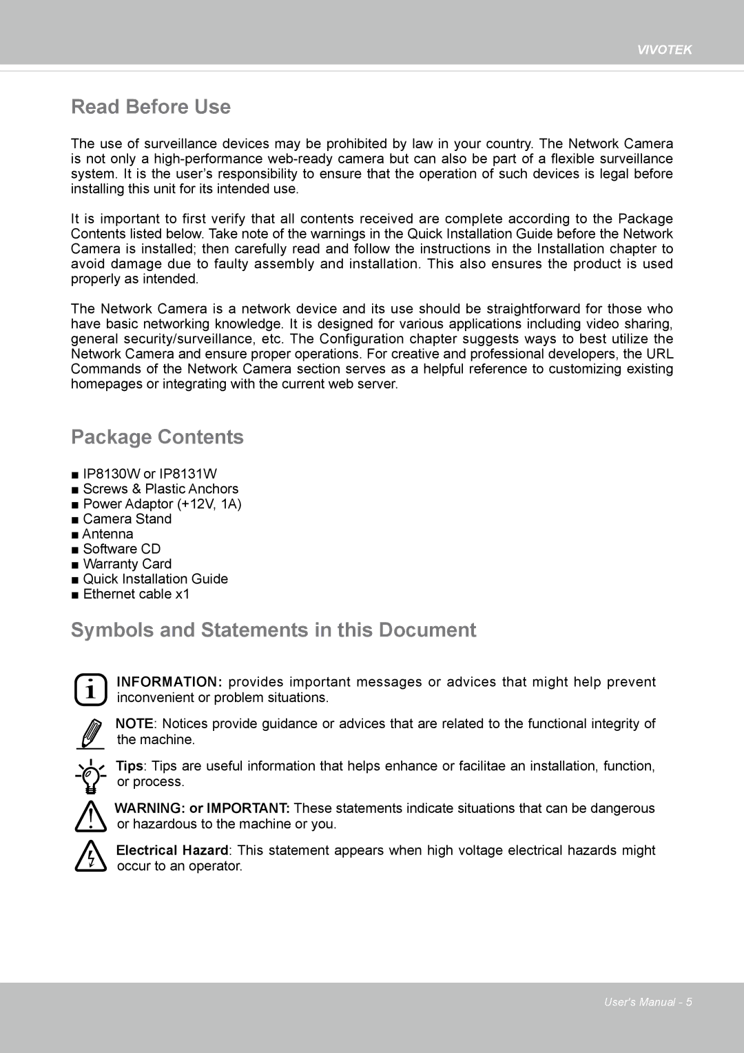 Vivotek IP8130 user manual Read Before Use, Package Contents, Symbols and Statements in this Document 