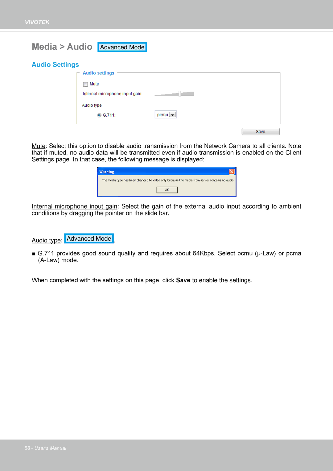 Vivotek IP8130 user manual Media Audio, Audio Settings 