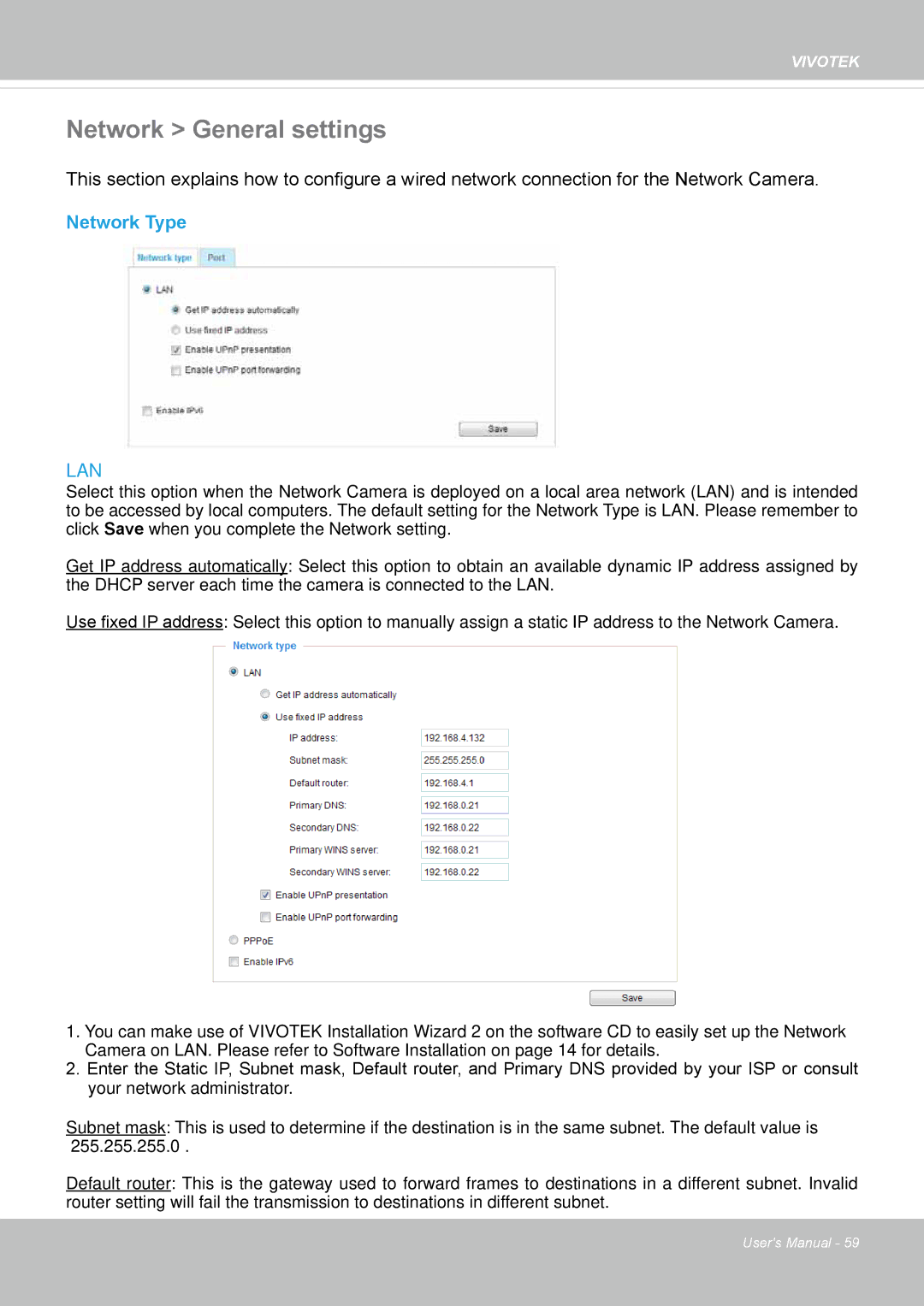 Vivotek IP8130 user manual Network General settings, Network Type 