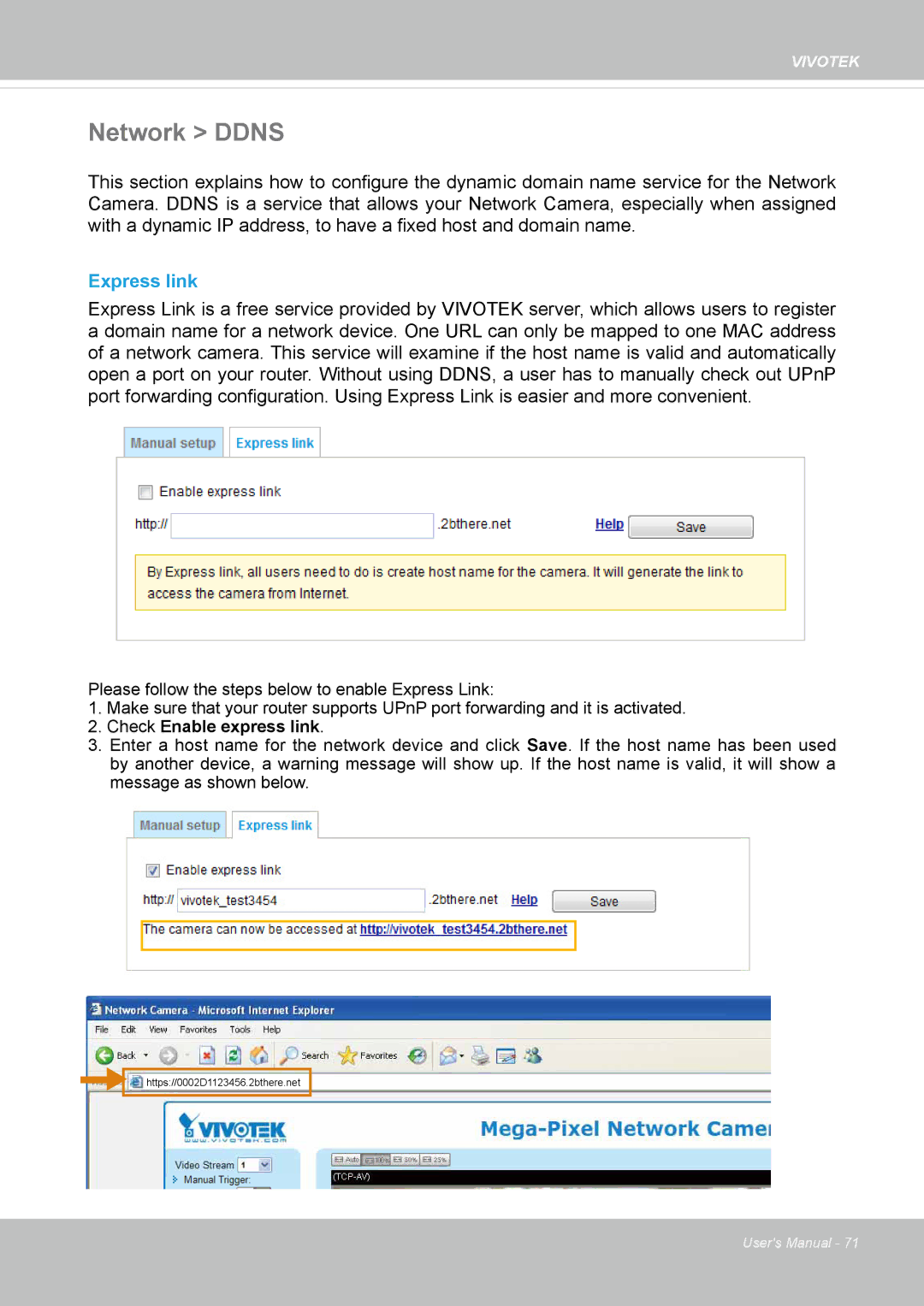 Vivotek IP8130 user manual Network Ddns, Express link 