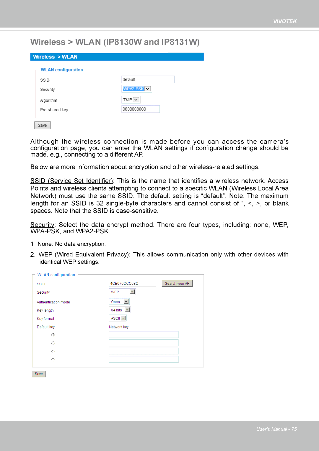 Vivotek user manual Wireless Wlan IP8130W and IP8131W 