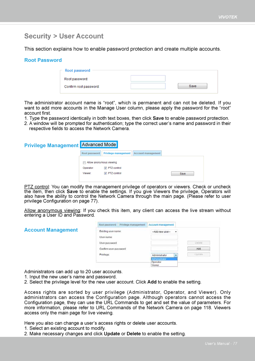 Vivotek IP8130 user manual Security User Account, Root Password, Privilege Management, Account Management 