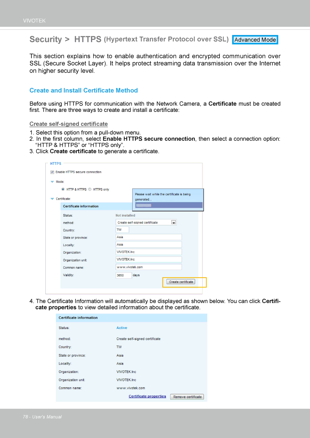 Vivotek IP8130 user manual Security Https Hypertext Transfer Protocol over SSL, Create and Install Certificate Method 