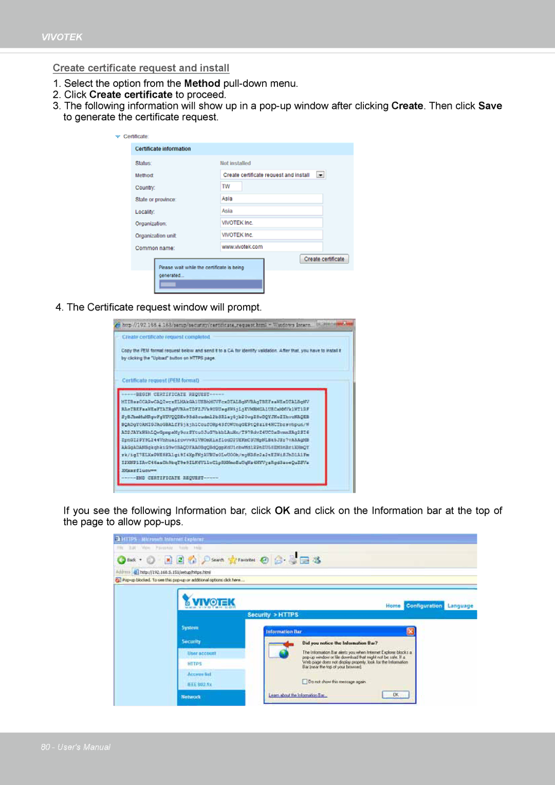 Vivotek IP8130 user manual Create certificate request and install 