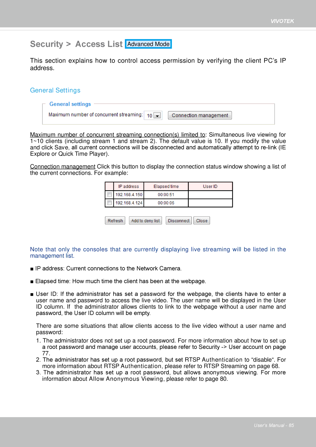 Vivotek IP8130 user manual Security Access List, General Settings 