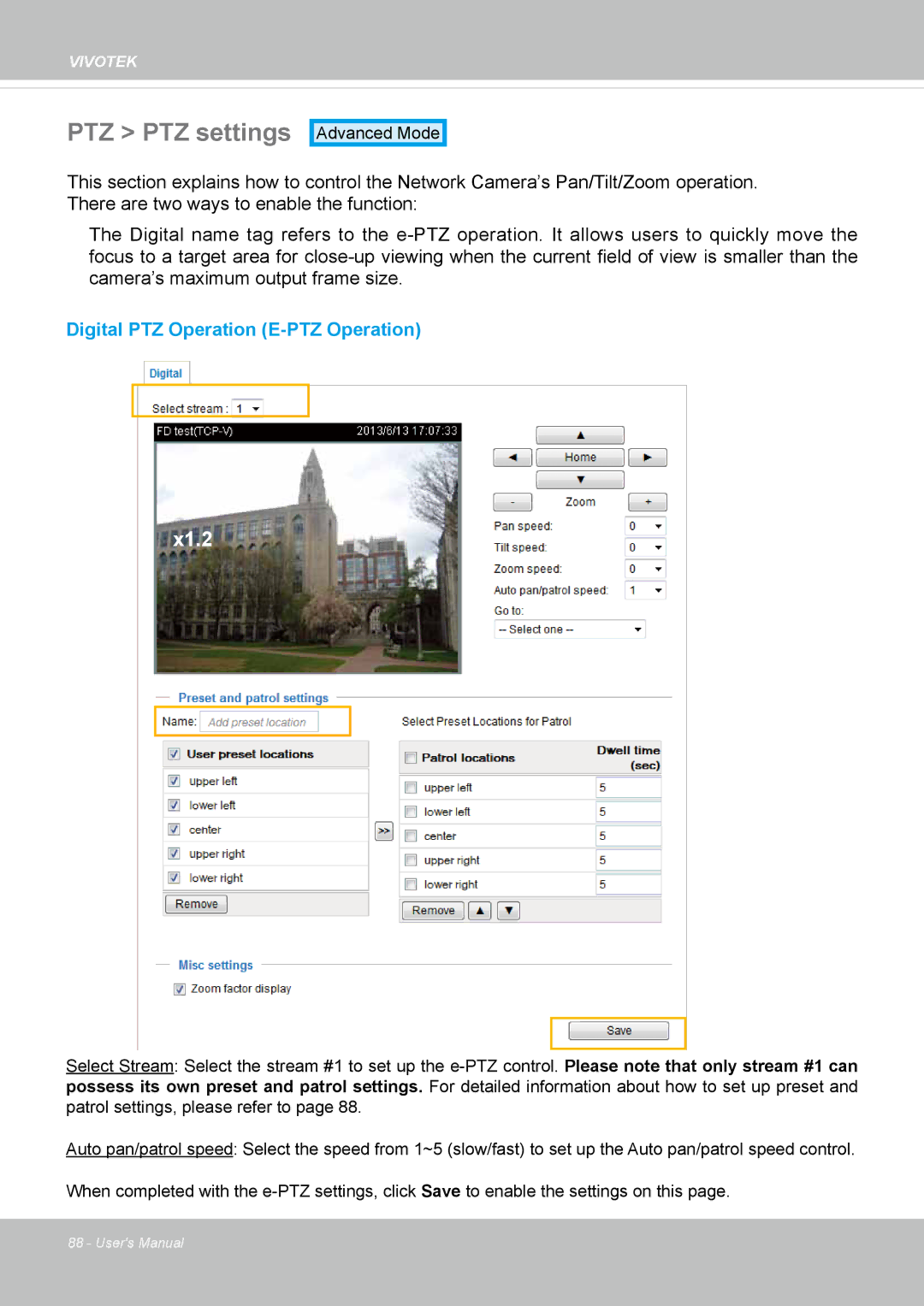 Vivotek IP8130 user manual PTZ PTZ settings, X1.2 