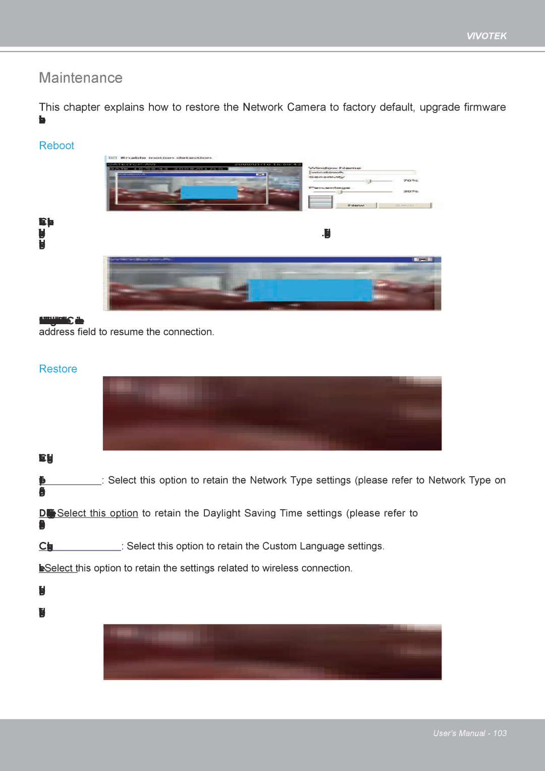 Vivotek IP8132 manual Maintenance, Reboot, Restore 