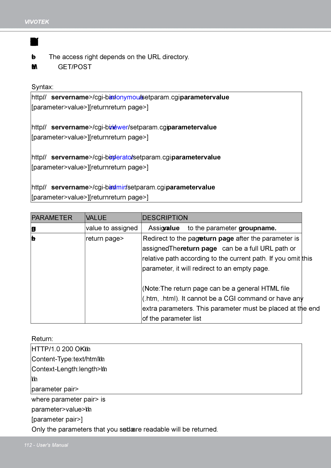 Vivotek IP8132 manual Set Server Parameter Values, Value to assigned Assign value to the parameter groupname 