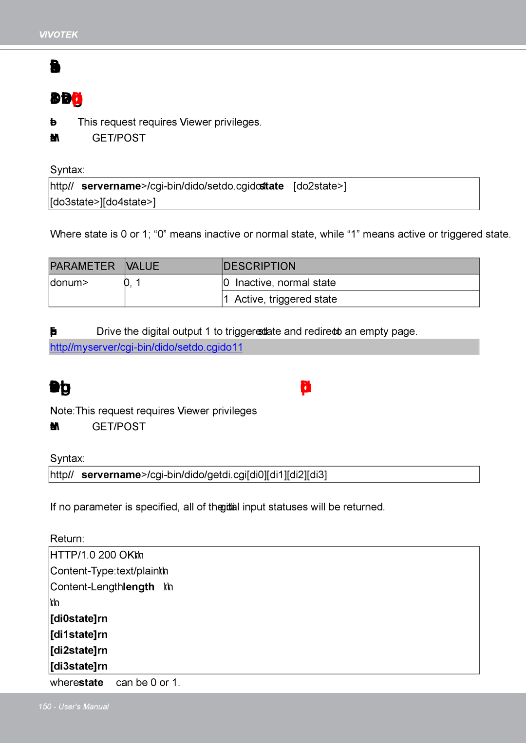 Vivotek IP8132 manual Drive the Digital Output capability.ndo, Query Status of the Digital Input capability.ndi 