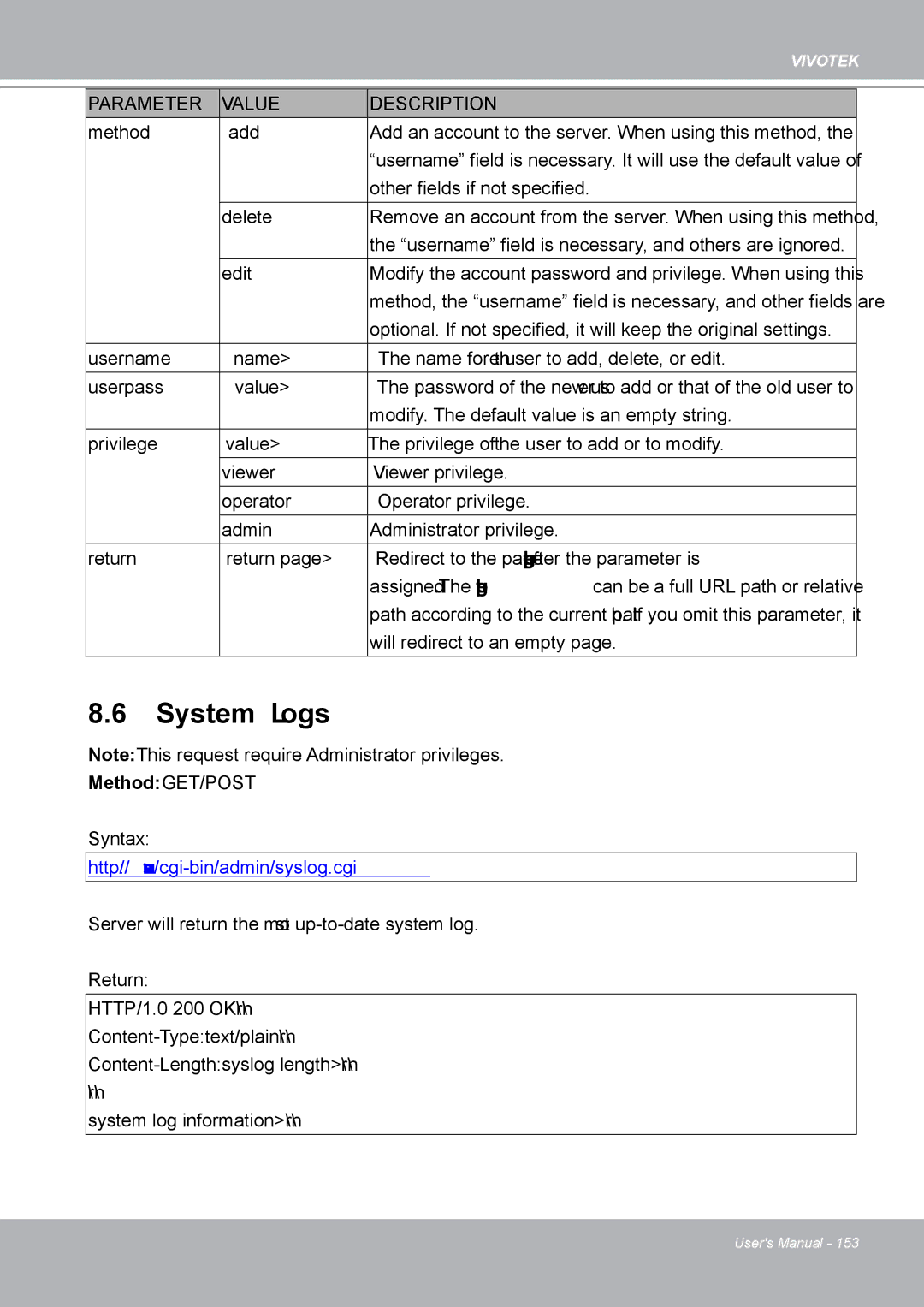 Vivotek IP8132 manual System Logs, Http//servername/cgi-bin/admin/syslog.cgi 