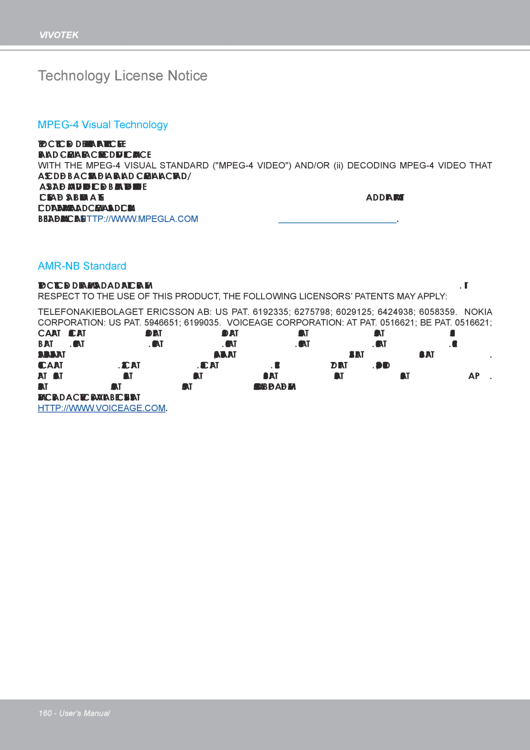 Vivotek IP8132 manual Technology License Notice, MPEG-4 Visual Technology AMR-NB Standard 