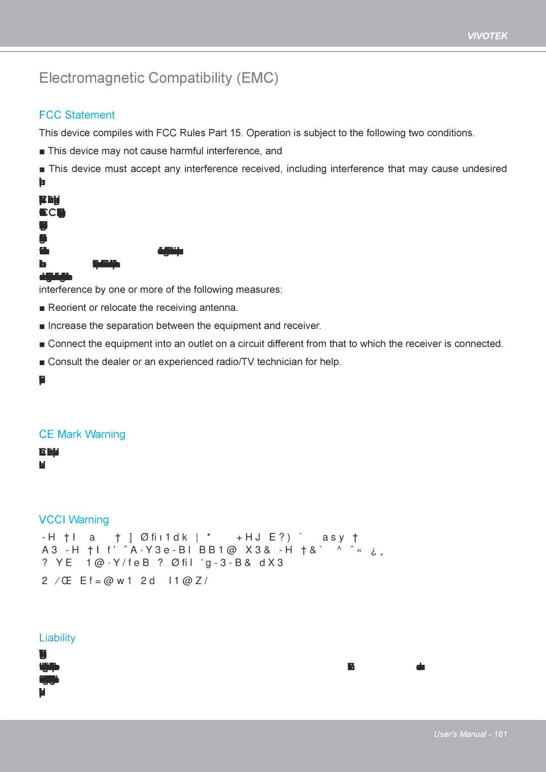 Vivotek IP8132 manual Electromagnetic Compatibility EMC, Liability 