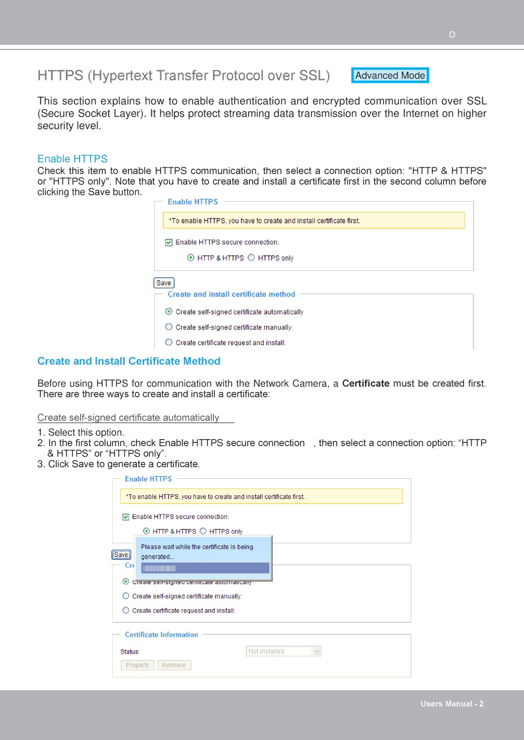 Vivotek IP8132 manual Https Hypertext Transfer Protocol over SSL, Enable Https, Create and Install Certificate Method 