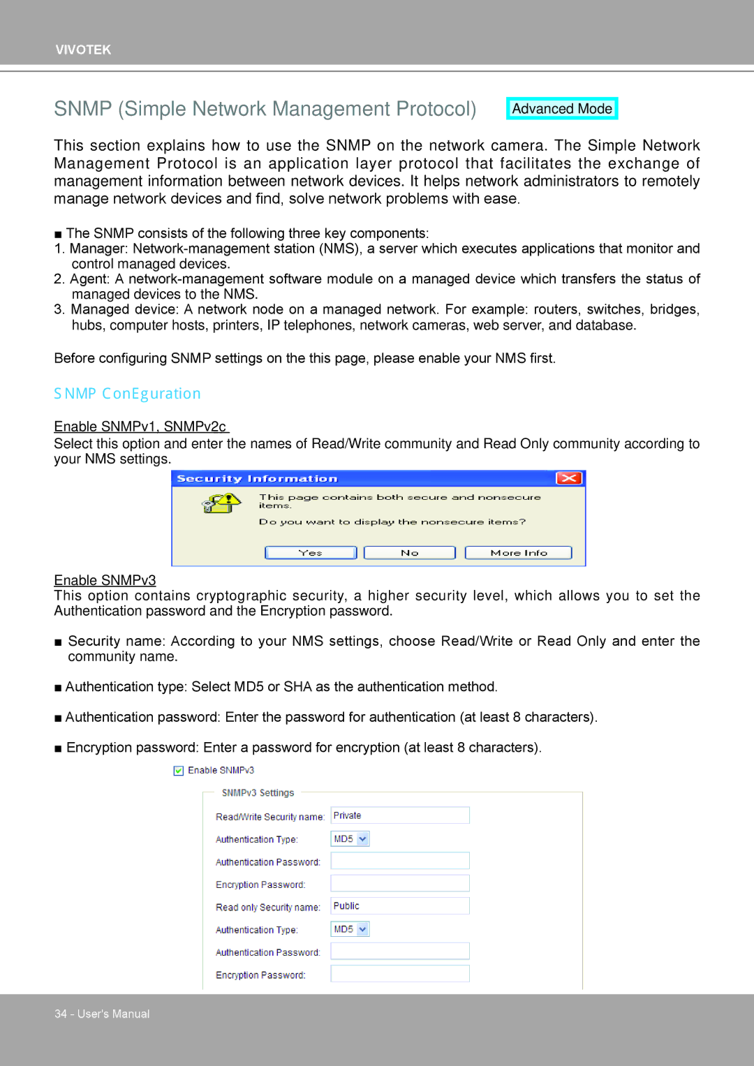 Vivotek IP8132 manual Snmp Simple Network Management Protocol, Snmp Configuration 