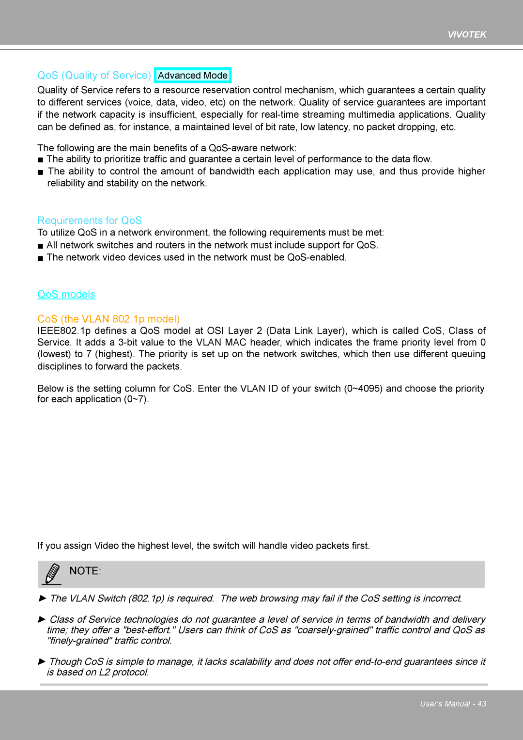 Vivotek IP8132 manual CoS the Vlan 8021p model 