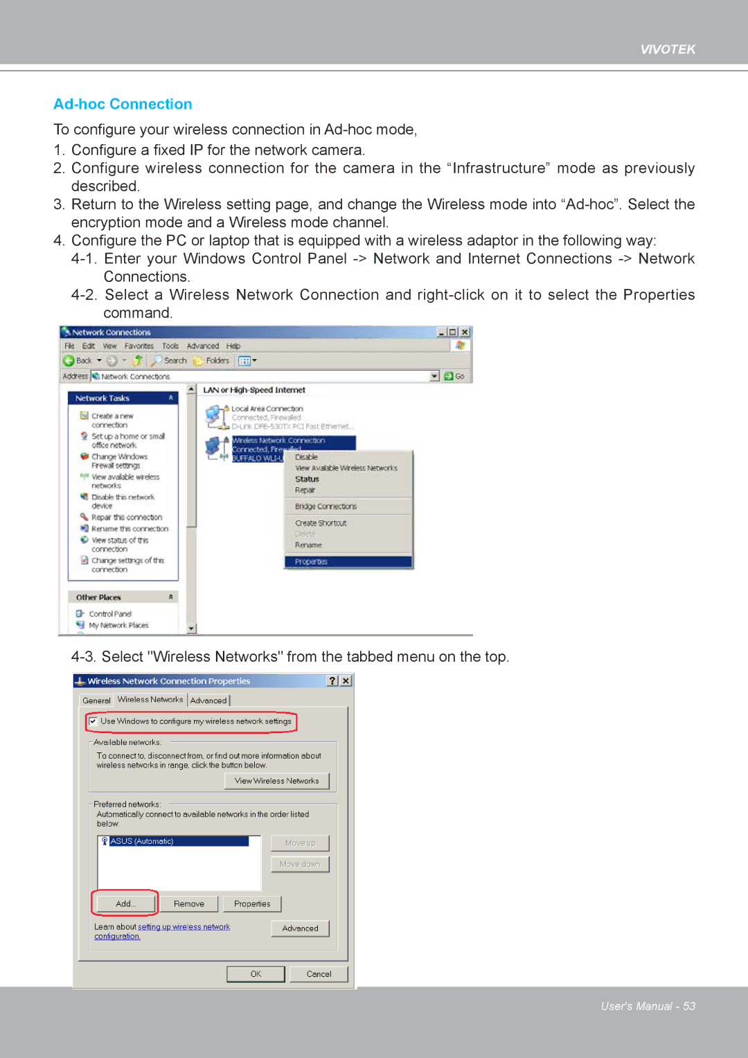 Vivotek IP8132 manual Ad-hoc Connection 