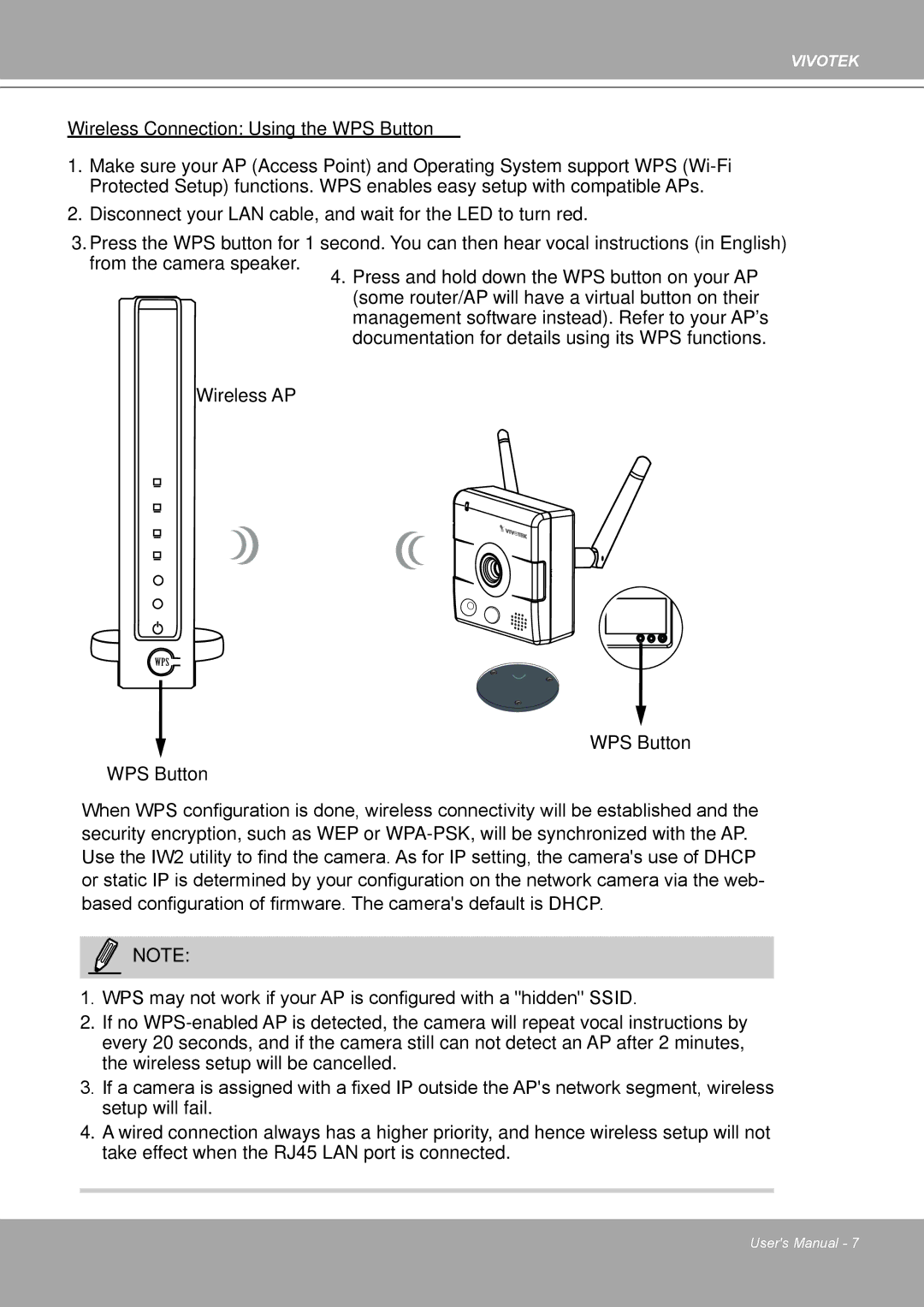 Vivotek IP8132 manual Wireless Connection Using the WPS Button 