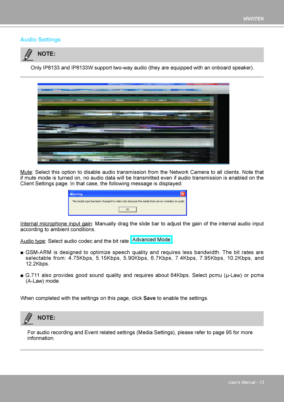 Vivotek IP8132 manual Audio Settings 