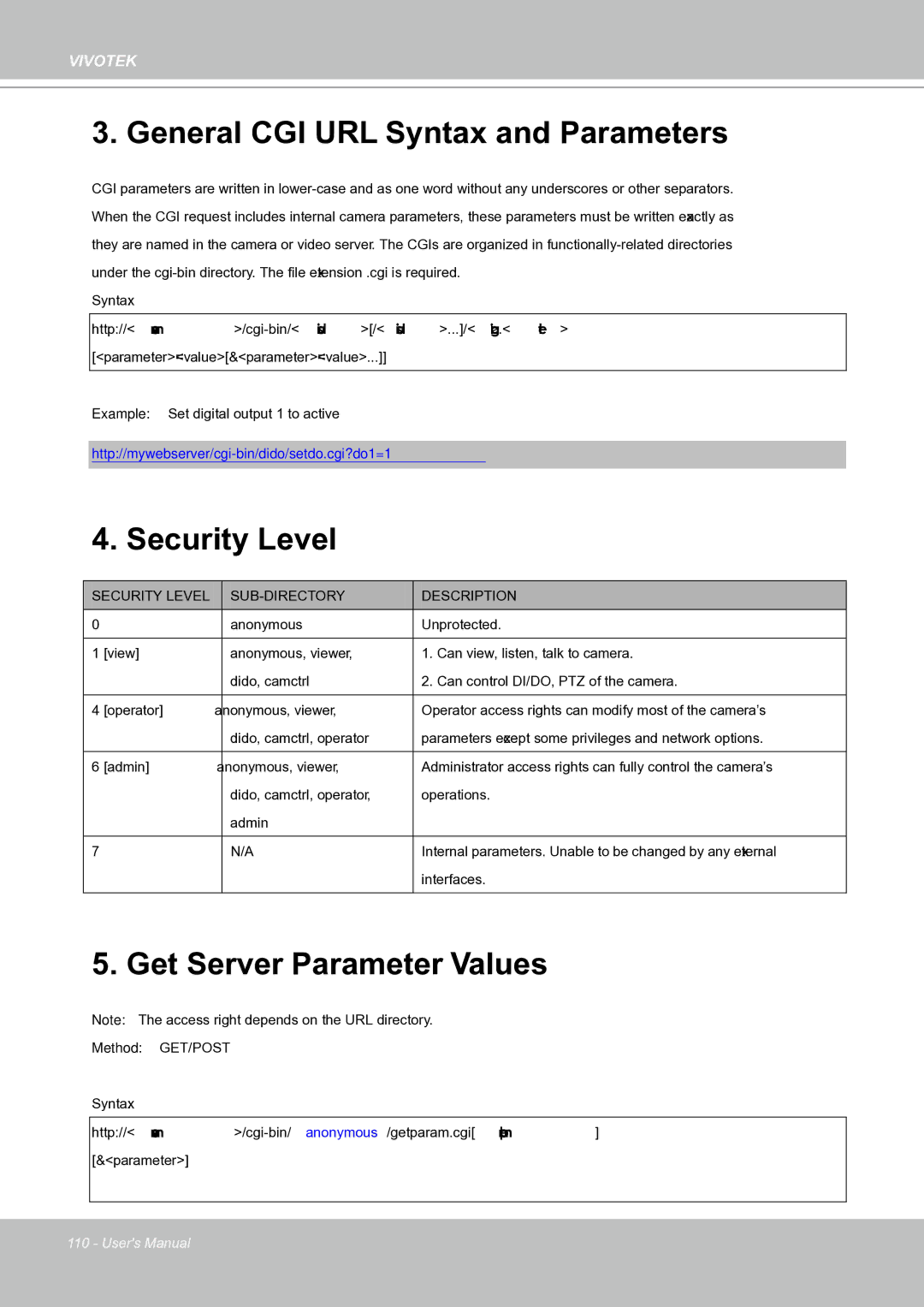 Vivotek IP8151 manual General CGI URL Syntax and Parameters, Security Level SUB-DIRECTORY Description 