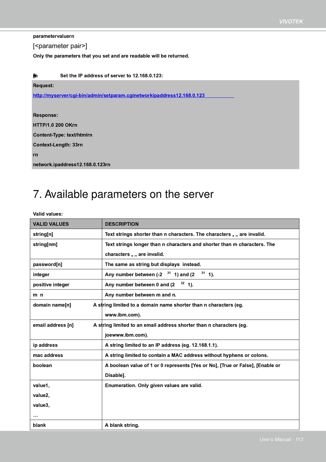 Vivotek IP8151 manual Parameter pair, Valid Values Description 