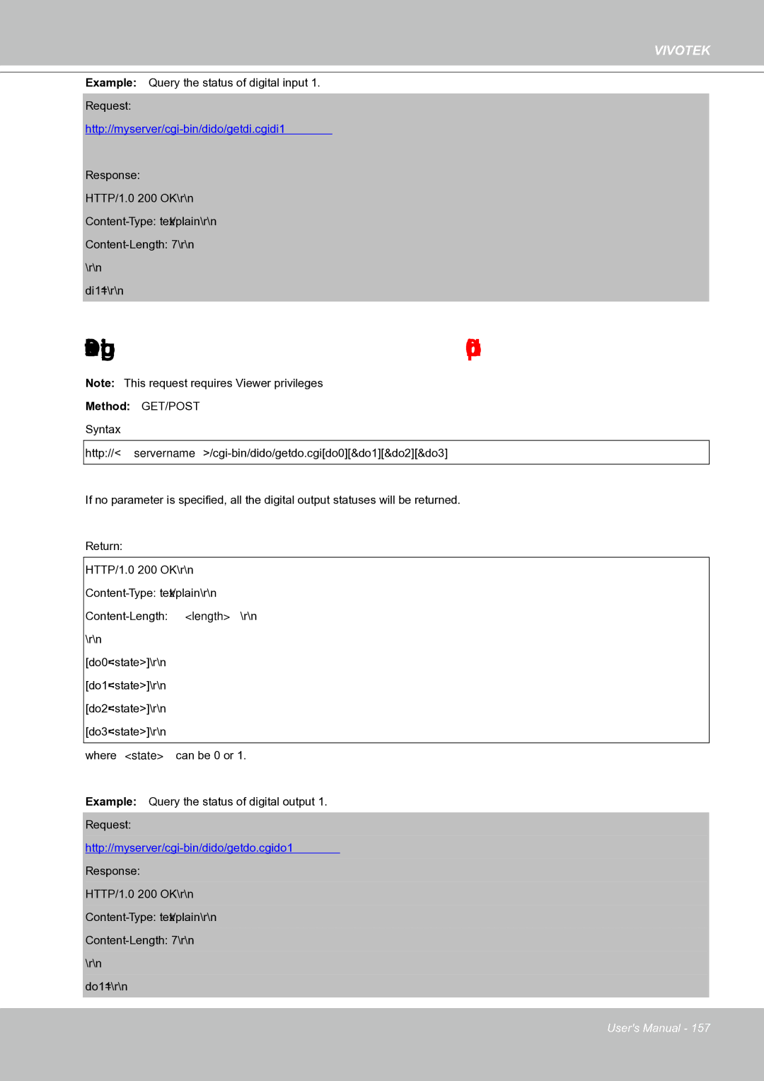 Vivotek IP8151 manual Query Status of the Digital Output capability.ndo, Http//myserver/cgi-bin/dido/getdi.cgi?di1 