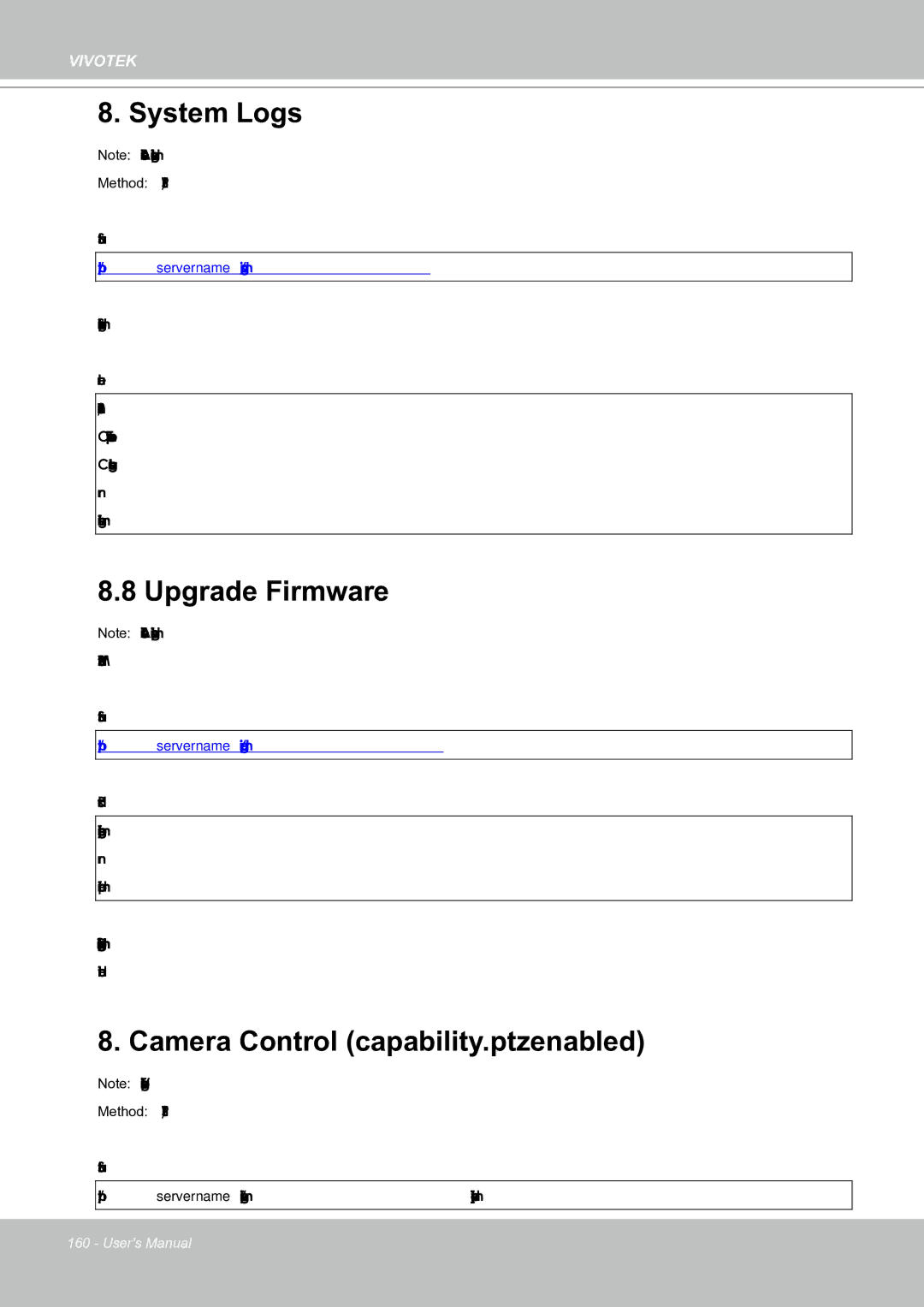 Vivotek IP8151 manual System Logs, Upgrade Firmware, Camera Control capability.ptzenabled 