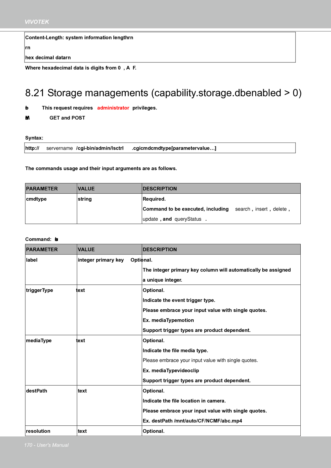 Vivotek IP8151 manual Storage managements capability.storage.dbenabled, Update, and queryStatus 