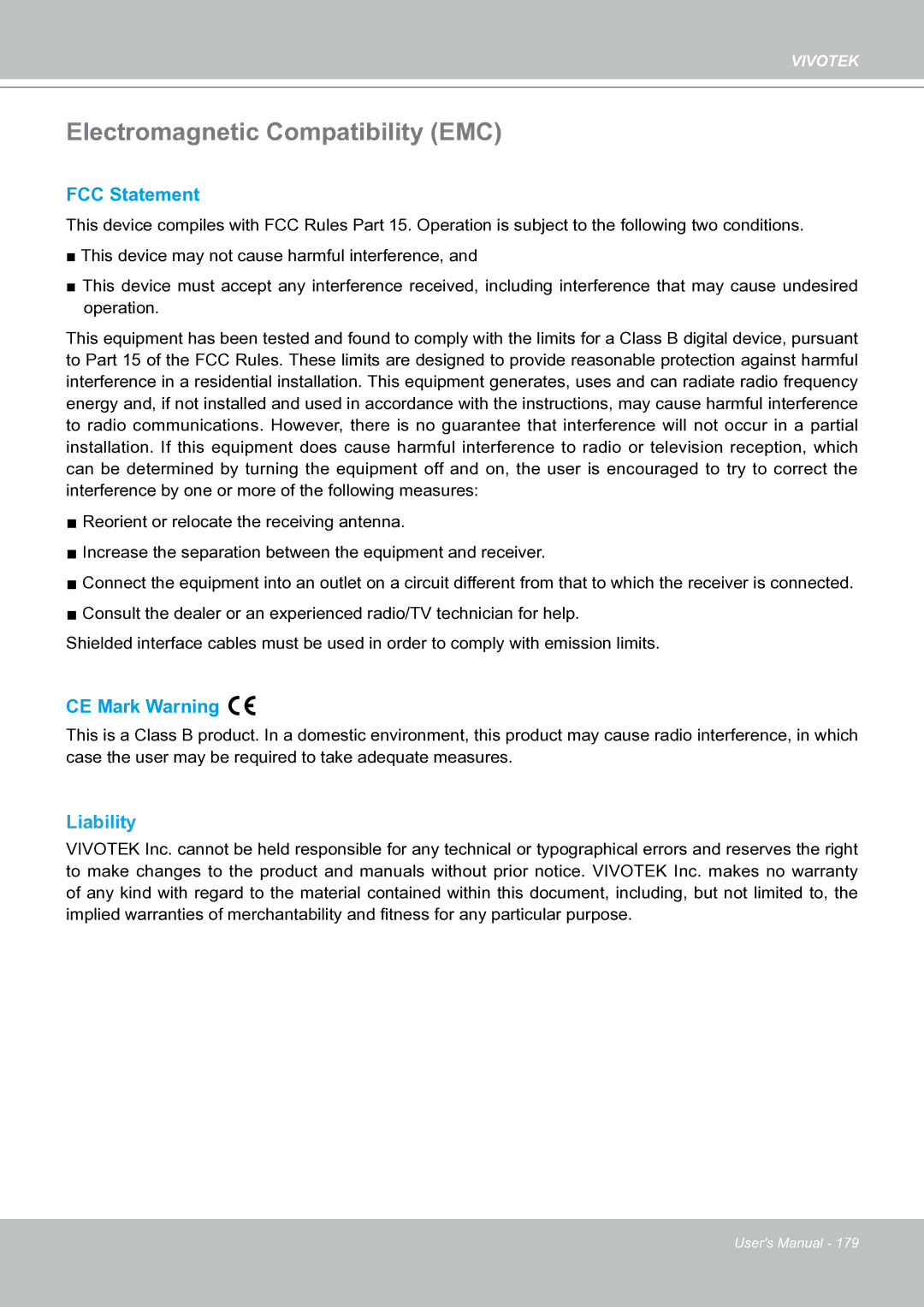 Vivotek IP8151 manual Electromagnetic Compatibility EMC, Liability 