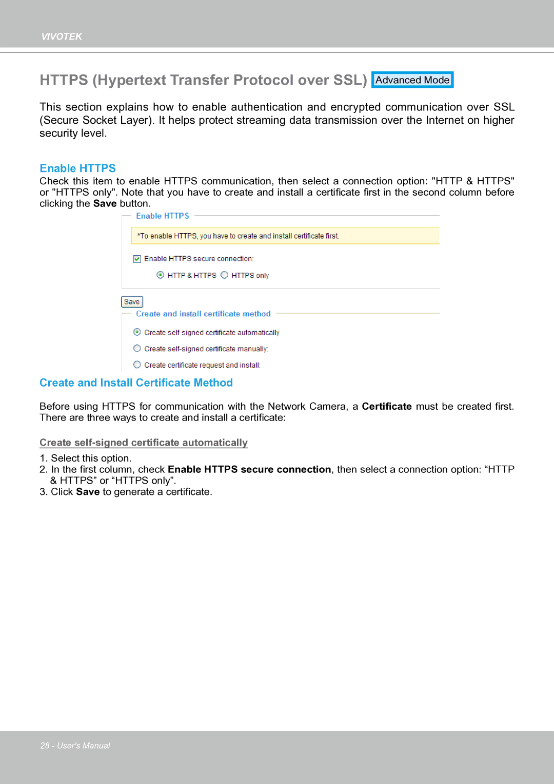 Vivotek IP8151 manual Https Hypertext Transfer Protocol over SSL, Enable Https, Create and Install Certificate Method 