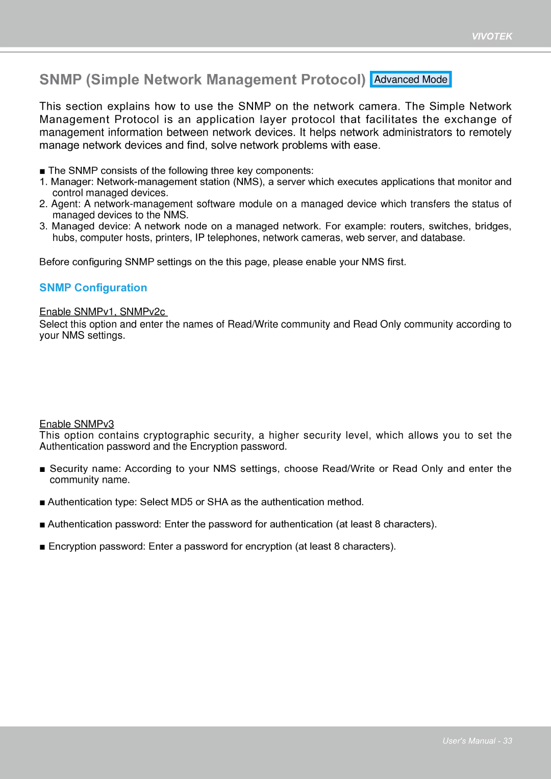 Vivotek IP8151 manual Snmp Simple Network Management Protocol, Snmp Configuration 