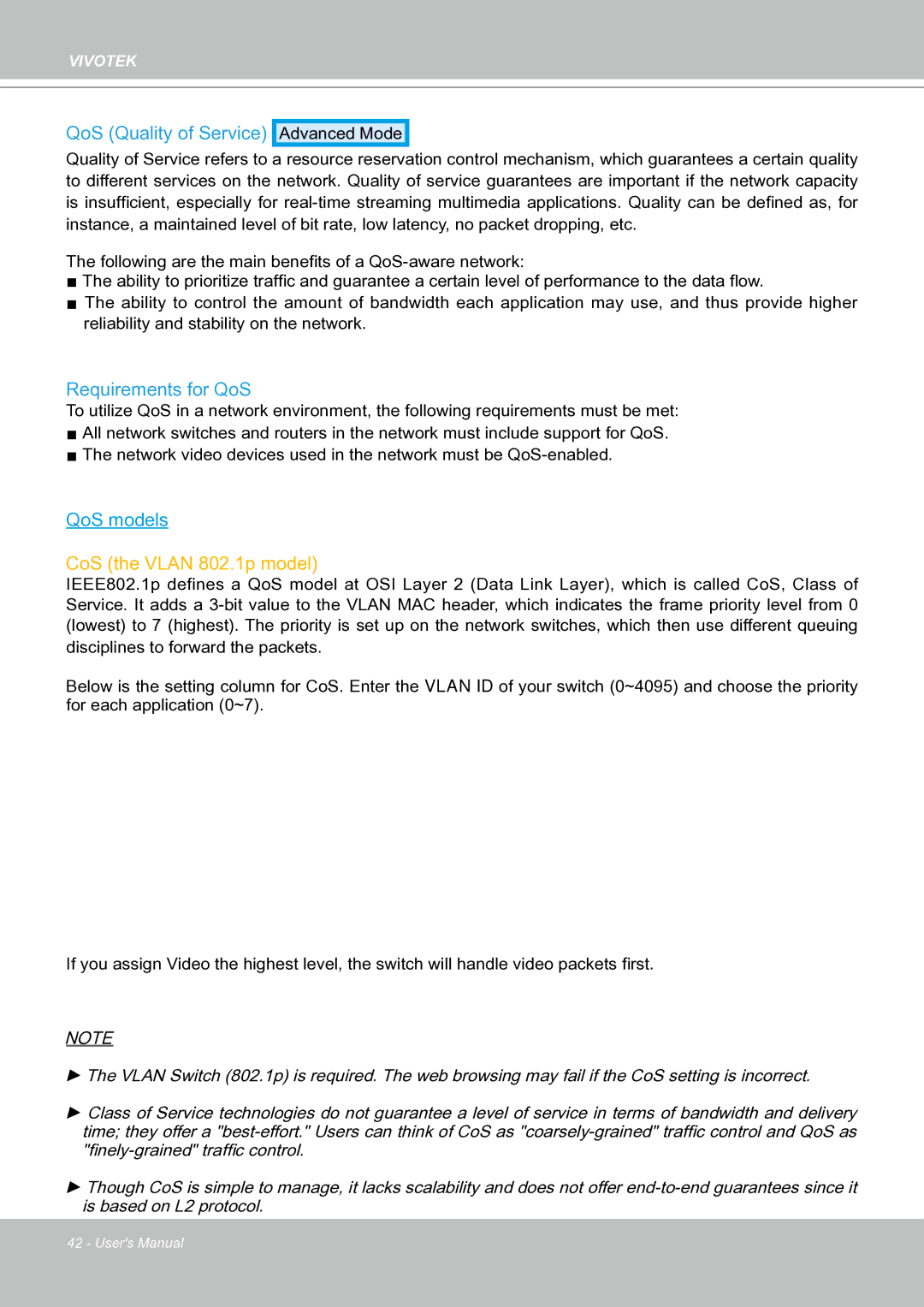 Vivotek IP8151 manual CoS the Vlan 8021p model 