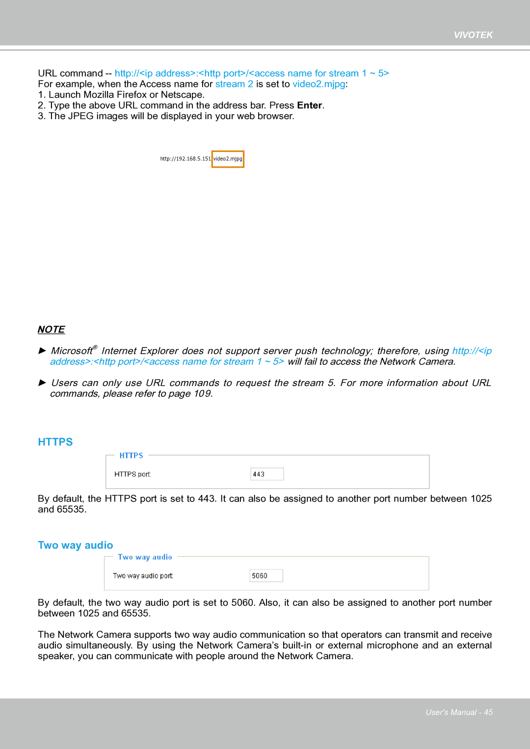 Vivotek IP8151 manual Https, Two way audio 