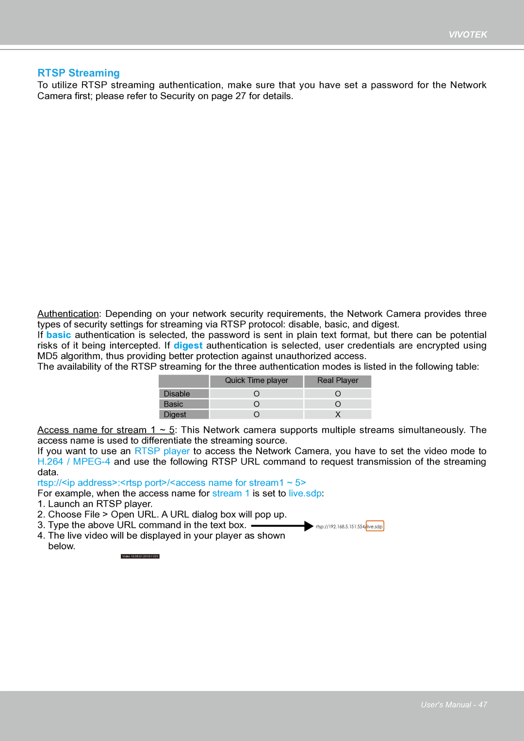 Vivotek IP8151 manual Rtsp Streaming 