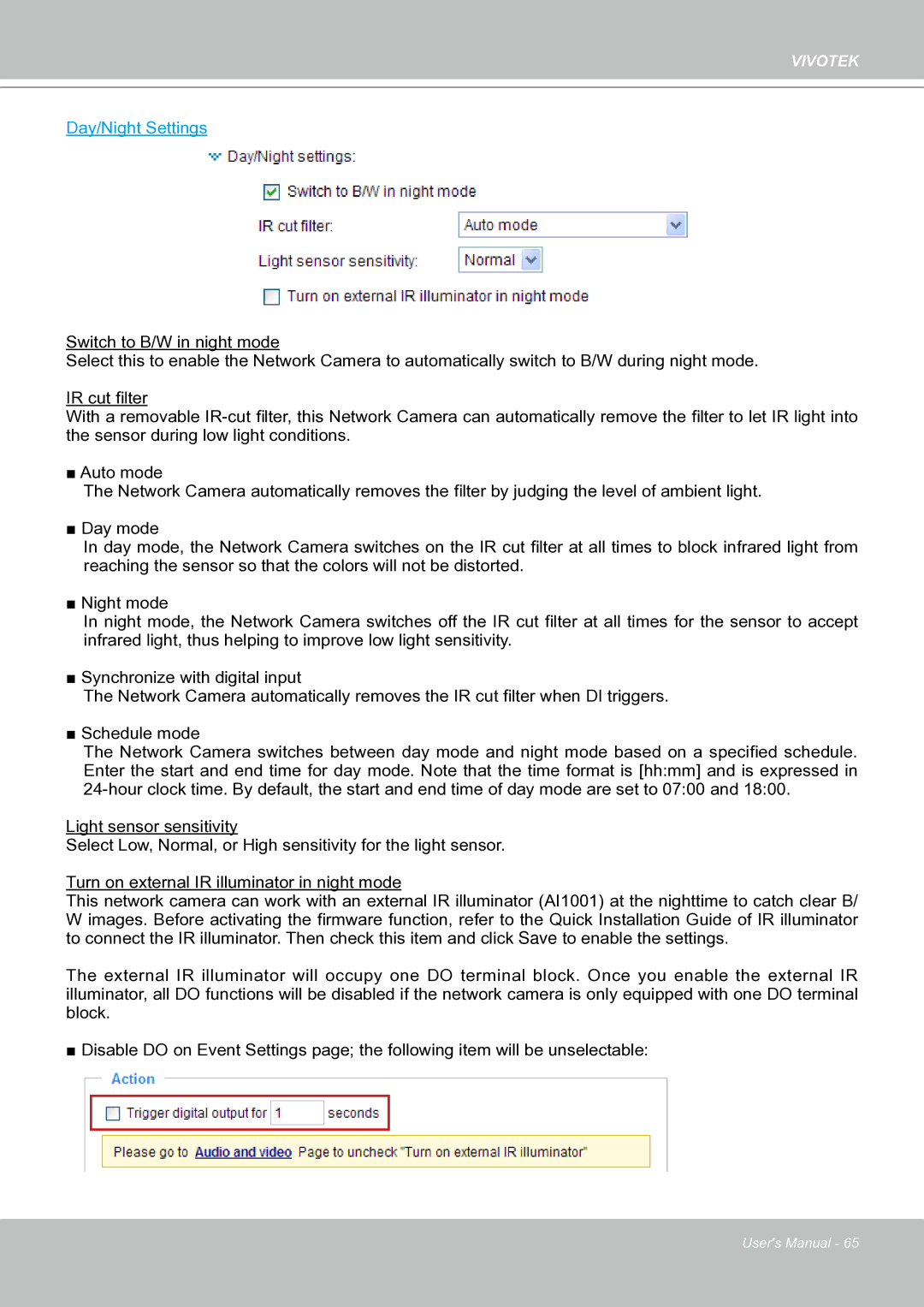 Vivotek IP8151 manual Day/Night Settings 