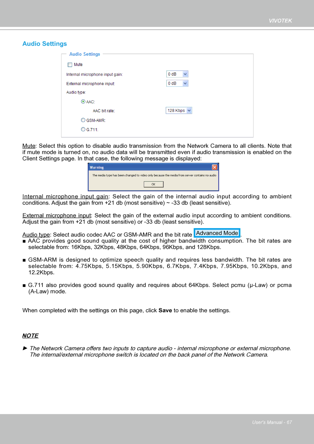 Vivotek IP8151 manual Audio Settings 