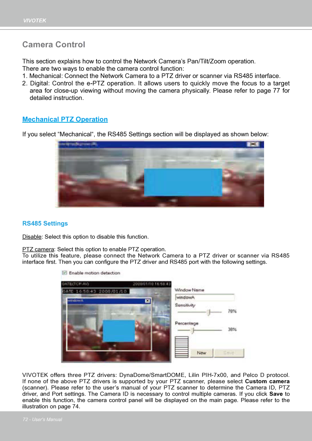 Vivotek IP8151 manual Camera Control, RS485 Settings 