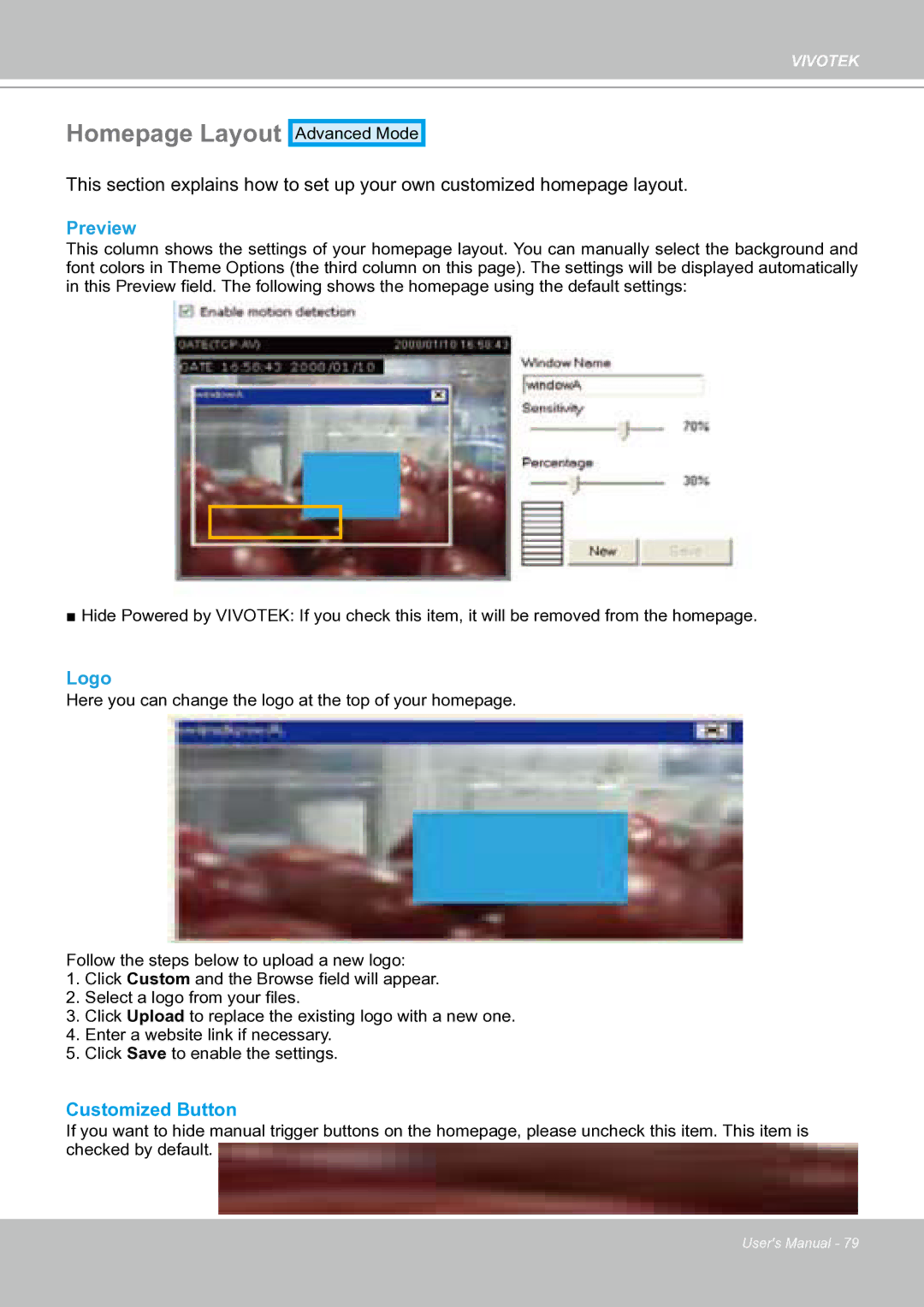 Vivotek IP8151 manual Homepage Layout, Preview, Logo 