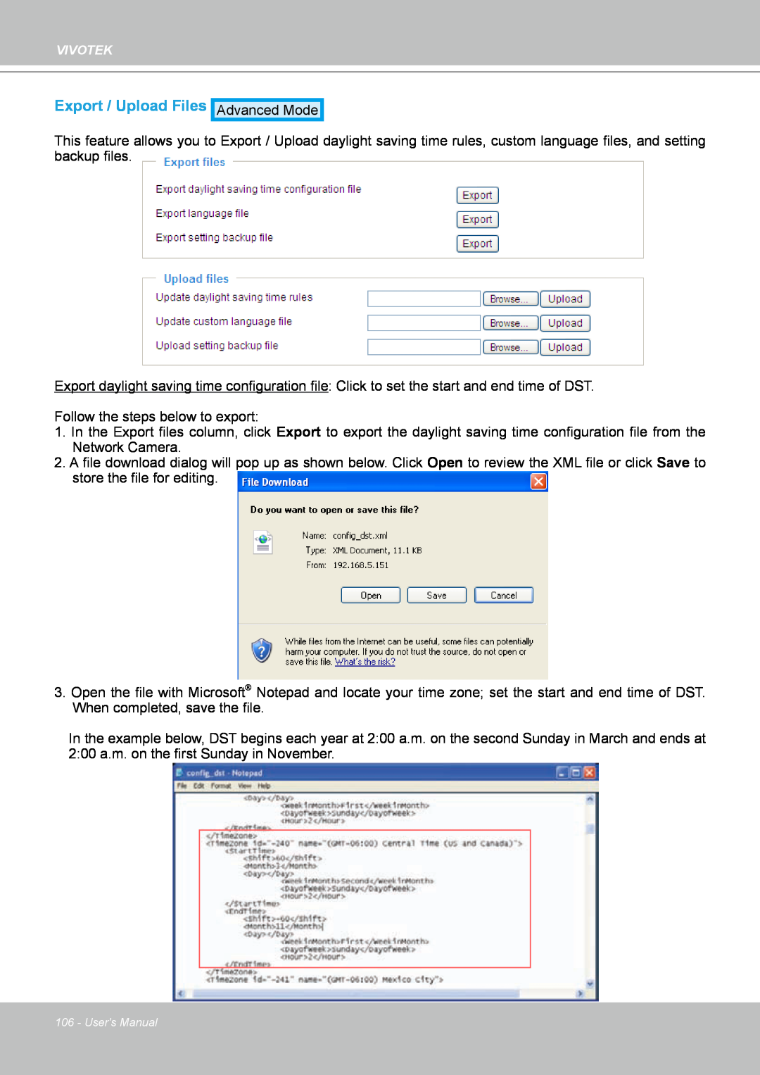 Vivotek IP8151 manual Export / Upload Files 