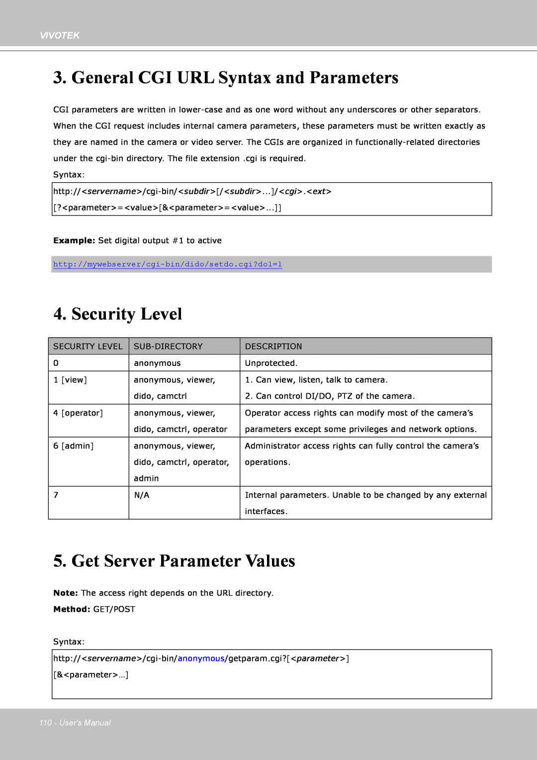 Vivotek IP8151 General CGI URL Syntax and Parameters, Security Level, Get Server Parameter Values, Vivotek, Users Manual 