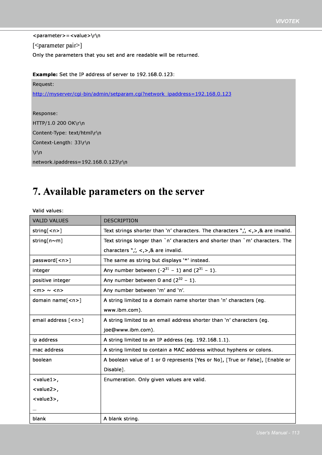 Vivotek IP8151 manual Available parameters on the server, <parameter pair>, Vivotek, Users Manual 