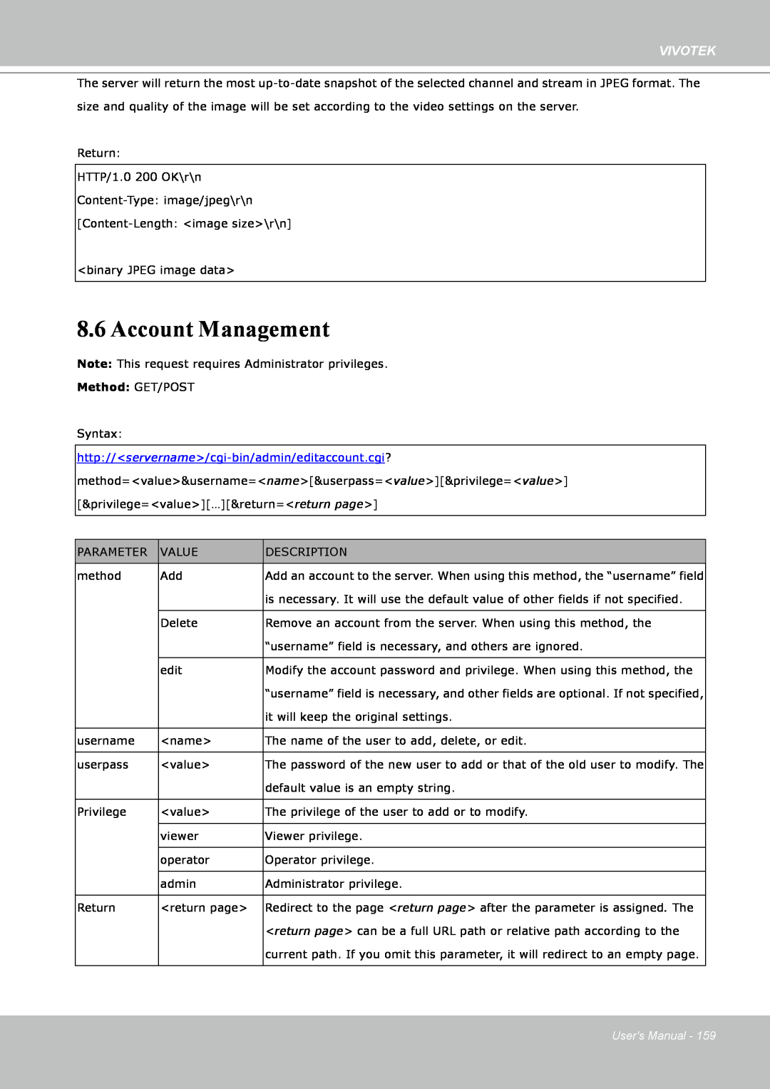 Vivotek IP8151 manual Account Management, Vivotek, Method: GET/POST, Users Manual 
