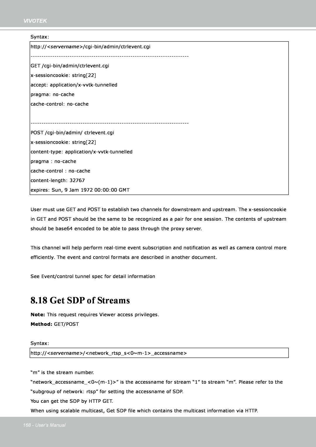 Vivotek IP8151 manual Get SDP of Streams, Vivotek, Method: GET/POST, Users Manual 