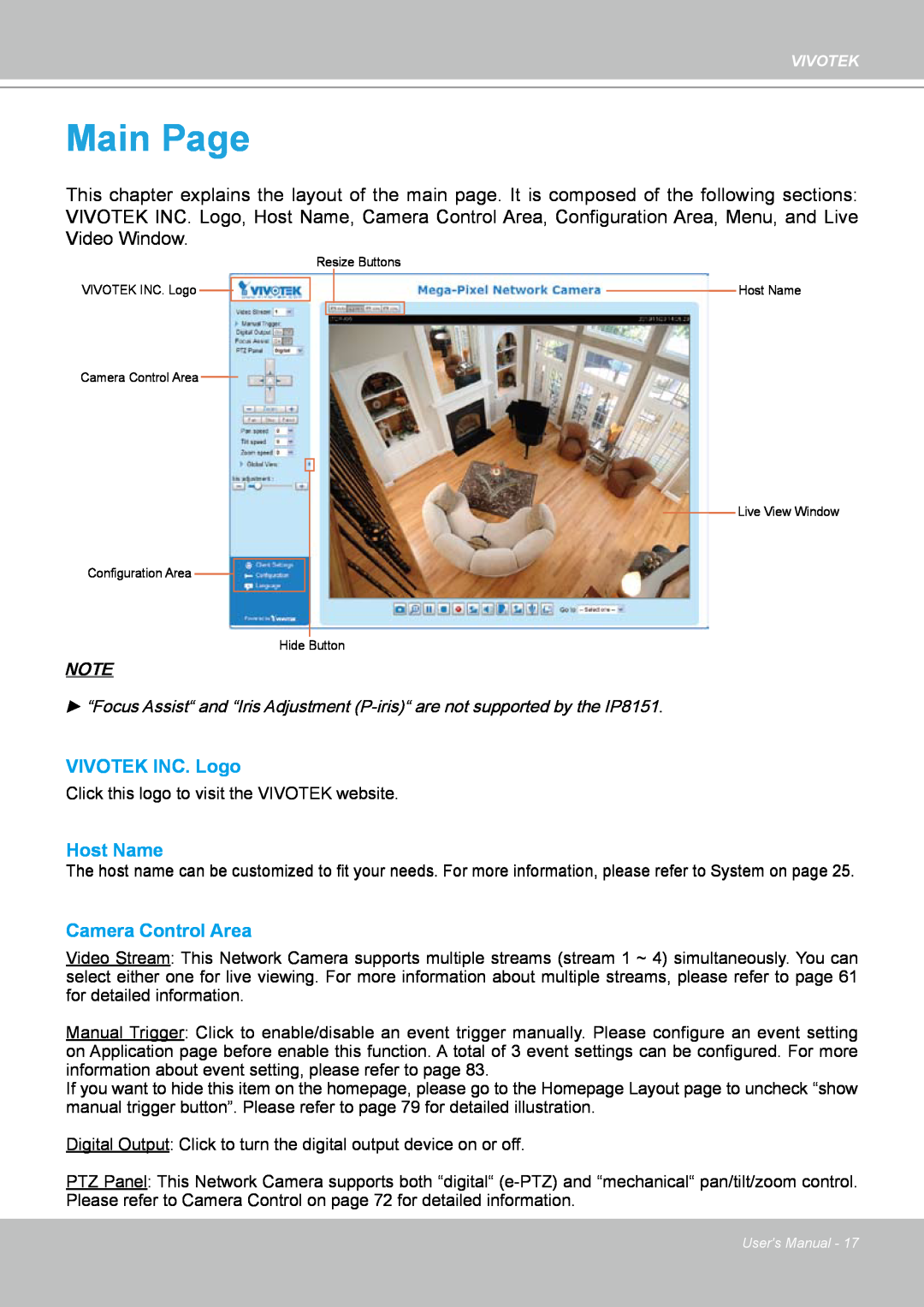 Vivotek IP8151 manual Main Page, VIVOTEK INC. Logo, Host Name, Camera Control Area 