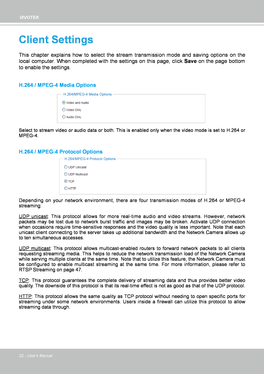 Vivotek IP8151 manual Client Settings, H.264 / MPEG-4Media Options, H.264 / MPEG-4Protocol Options 