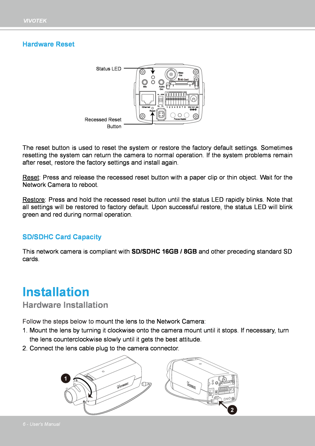 Vivotek IP8151 manual Hardware Installation, Hardware Reset, SD/SDHC Card Capacity 