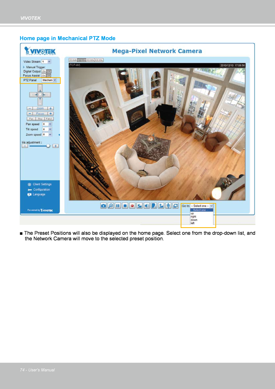 Vivotek IP8151 manual Home page in Mechanical PTZ Mode, Vivotek, Users Manual, 2010/12/10 17:08:56 