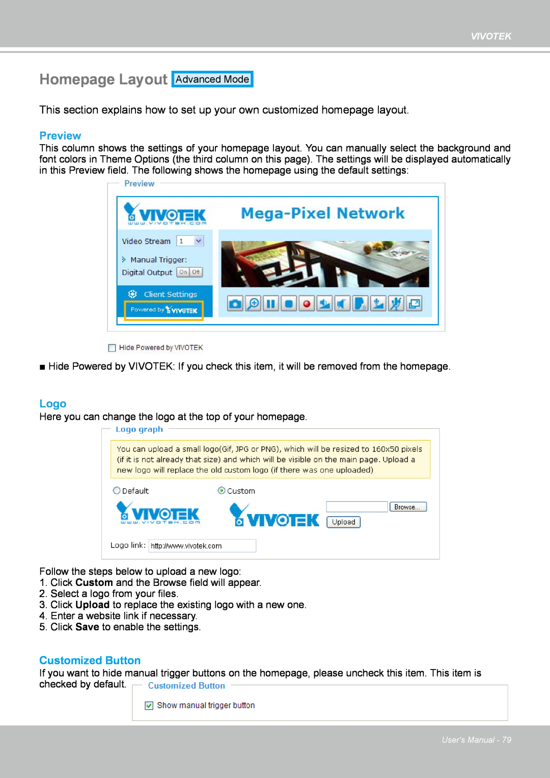 Vivotek IP8151 manual Homepage Layout, Preview, Logo, Customized Button 