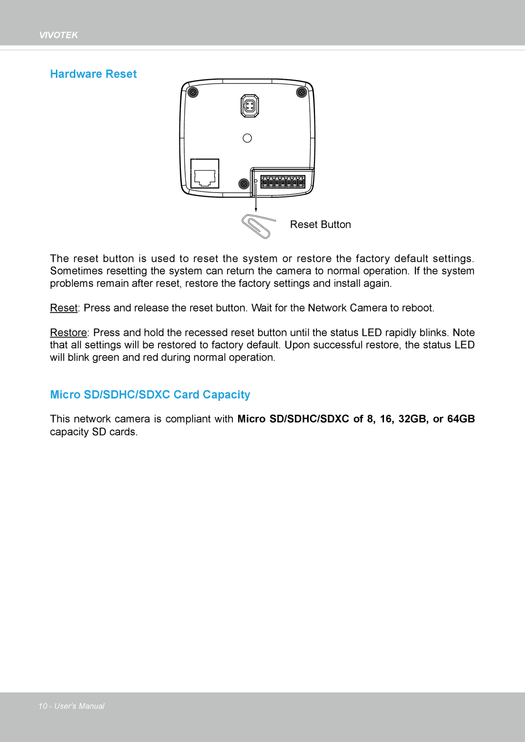 Vivotek IP8152 user manual Hardware Reset 