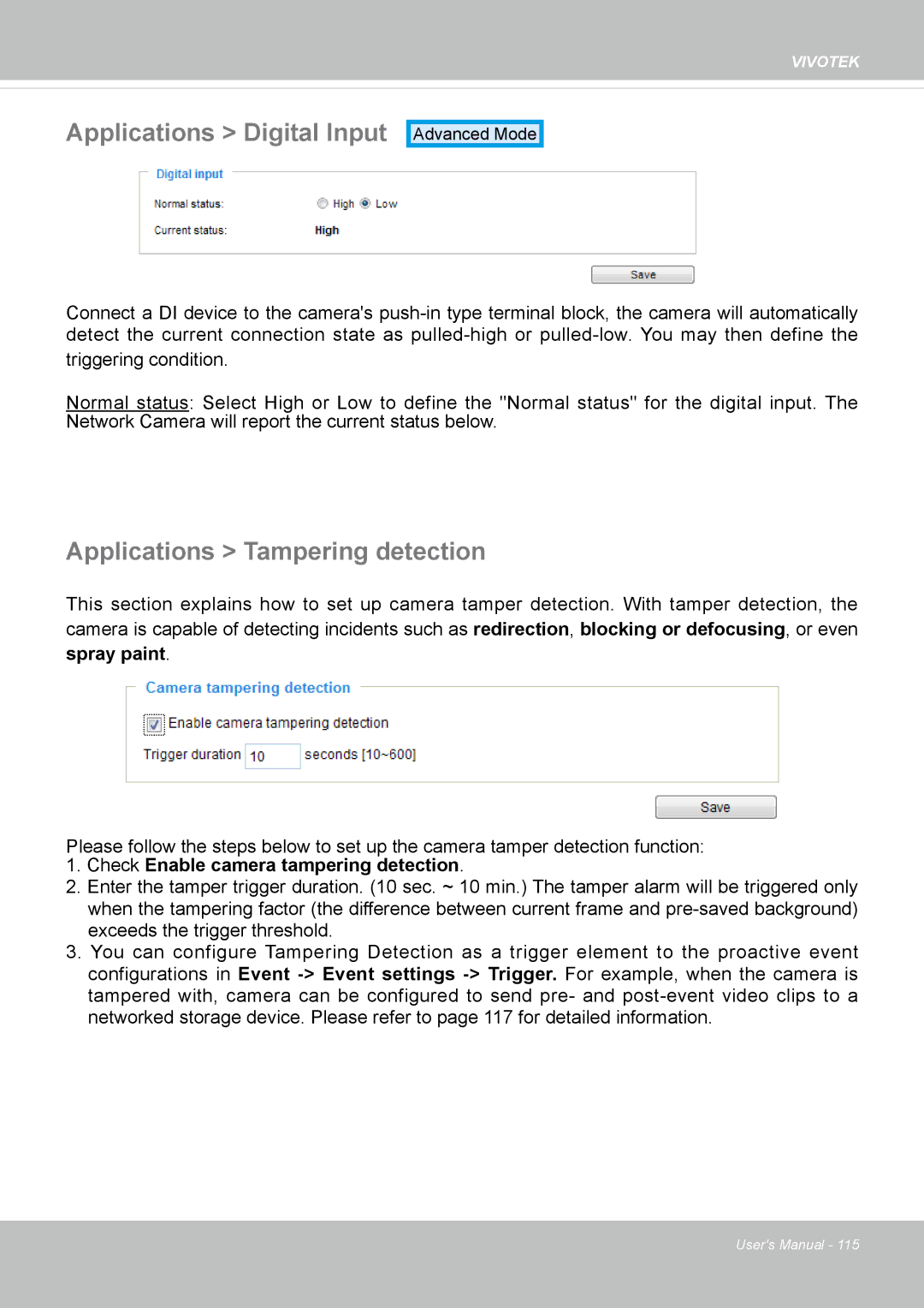 Vivotek IP8152 user manual Applications Digital Input, Applications Tampering detection 