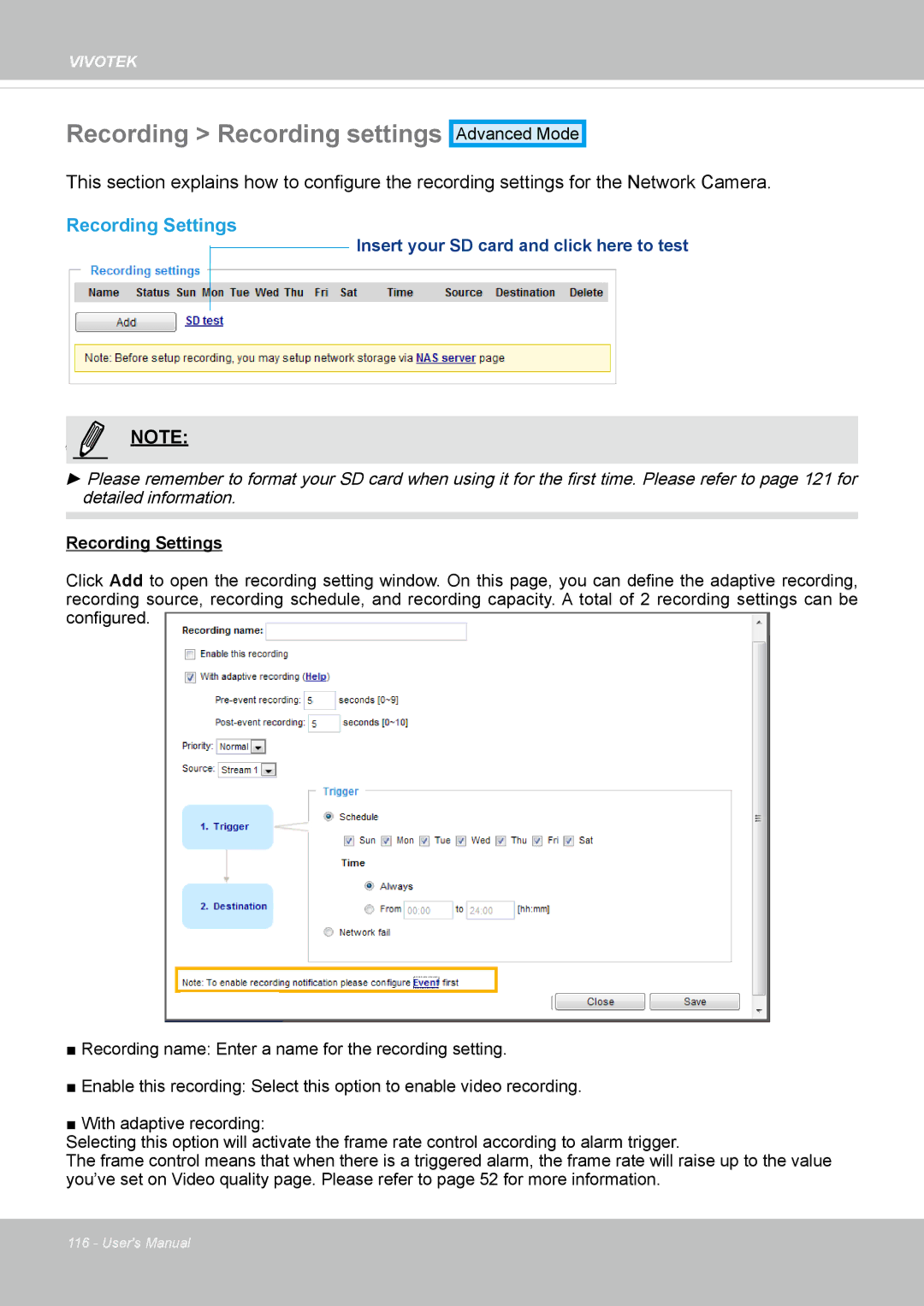 Vivotek IP8152 user manual Recording Recording settings, Recording Settings 